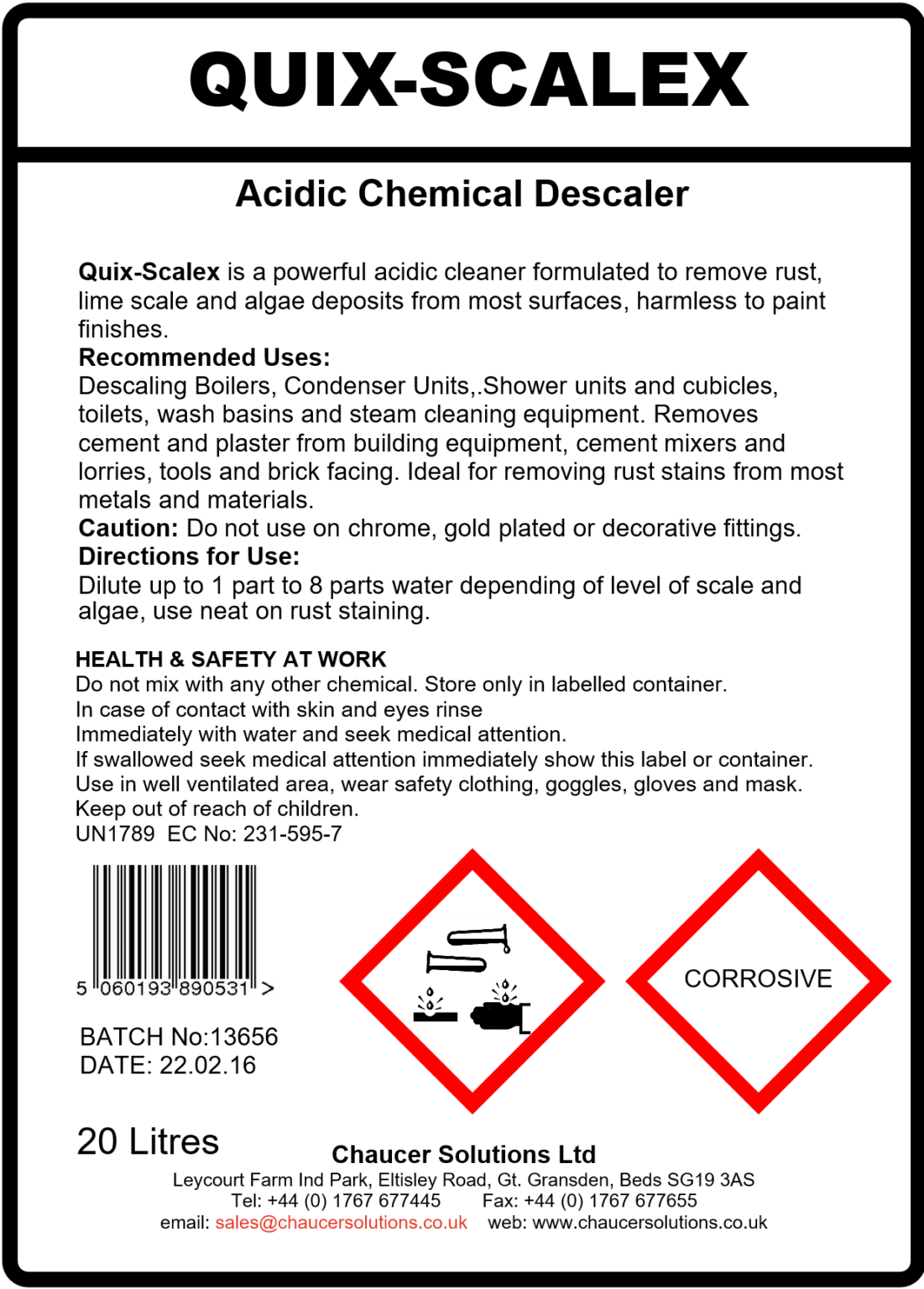 QUIXSCALEX ACID CLEANER & DESCALER 20 LITRES Chaucer Solutions